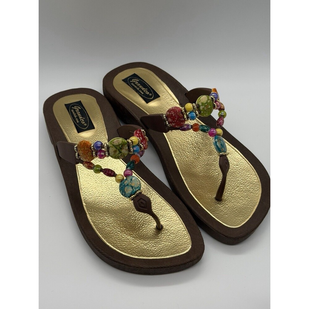 GRANDCO SANDALS Beach Pool THONG Brown BLING GemsJeweled DRESSY Flip Flops Sz 10